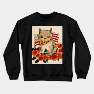 Cats, cat, patriotic, flowers, summer, festive, fun kitty, 4th of July Crewneck Sweatshirt